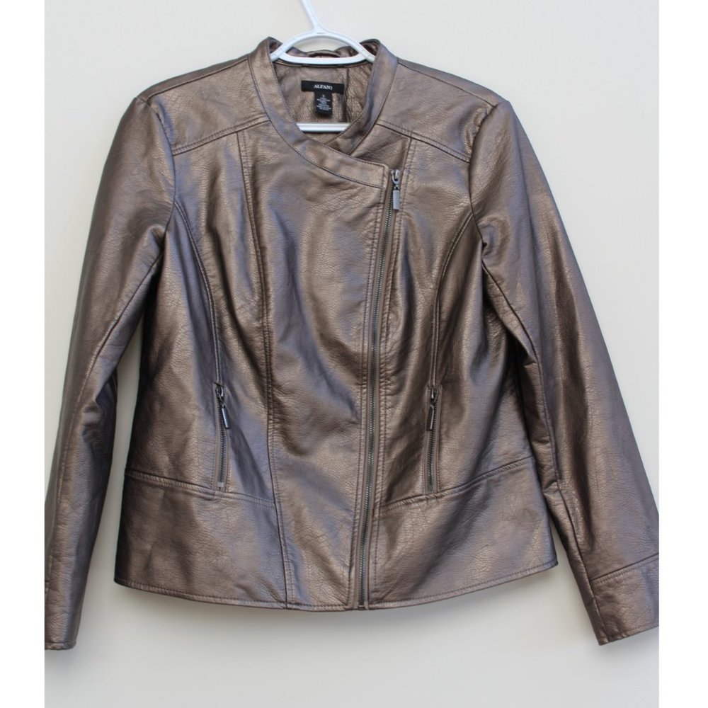 EUC, Alfani, Brushed Nickel Faux Leather Moto Jacket, Size S